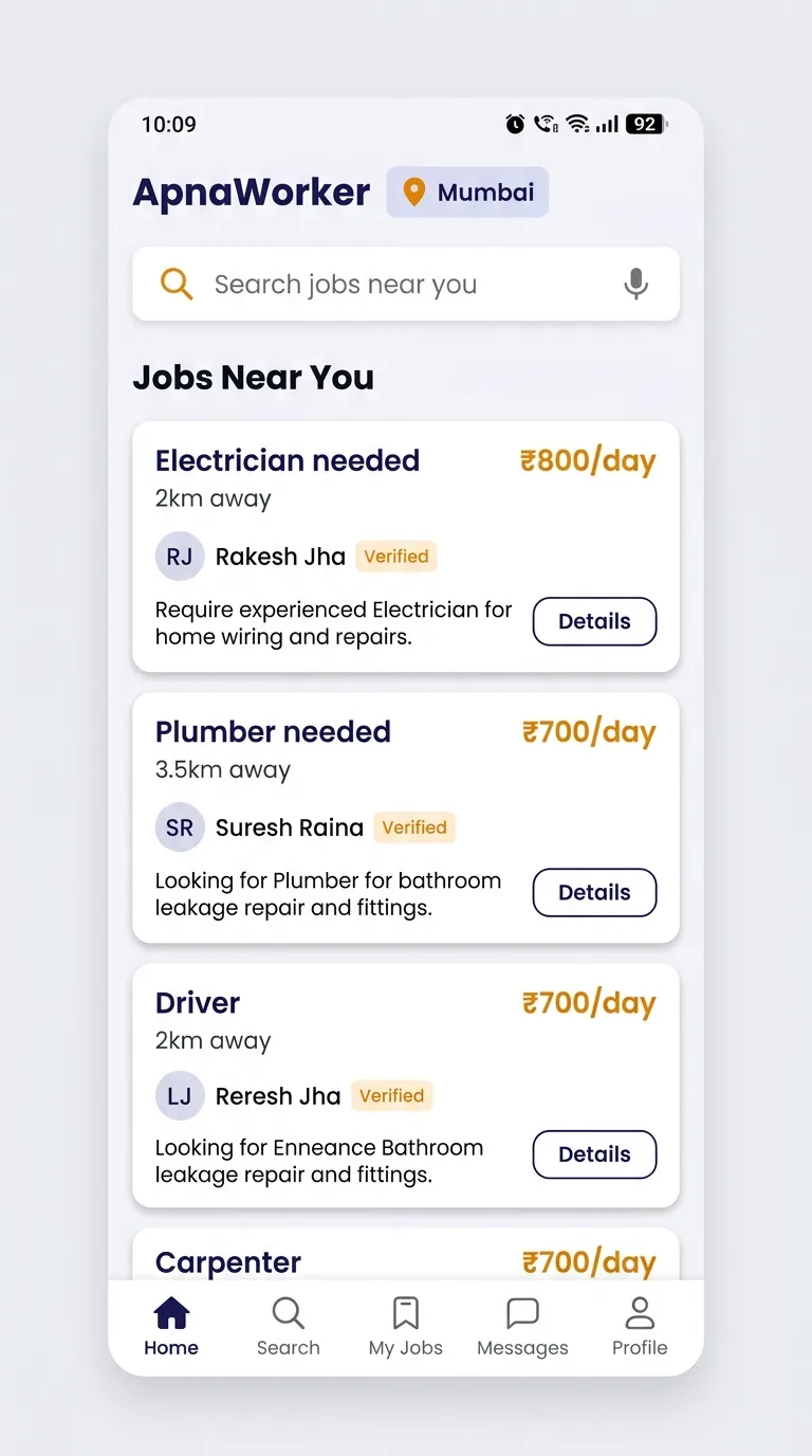 ApnaWorker Android App Screenshot showing list of nearby jobs